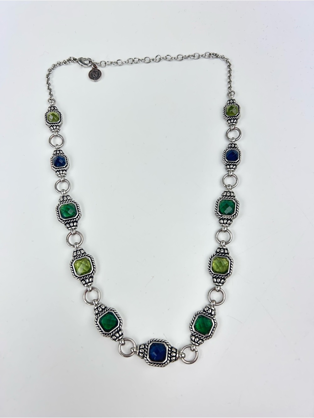Napier Silver Link Necklace with Green and Blue Gemstones